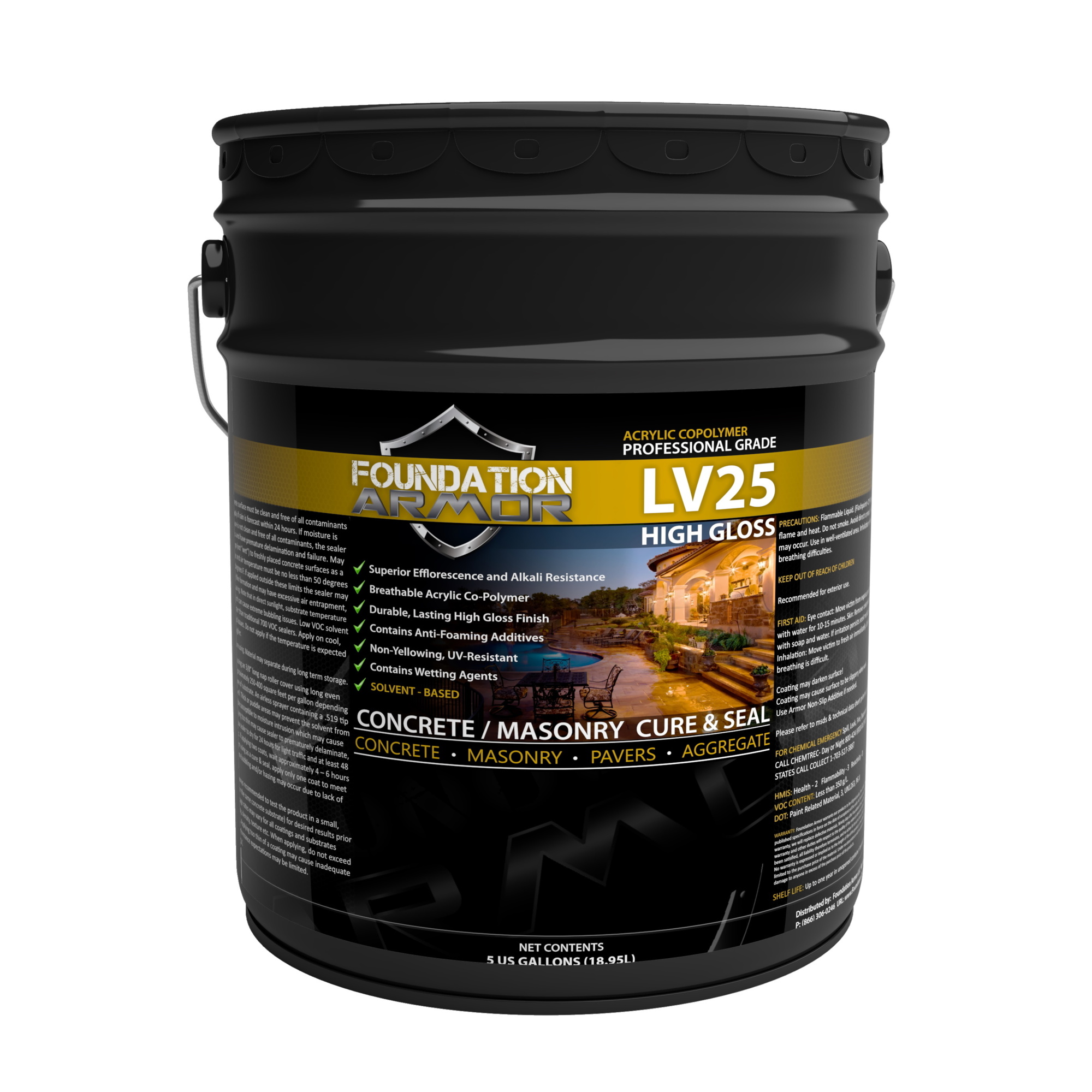 Foundation Armor, High Gloss Concrete Cure and Seal, Container Size 5 Gallon, Color Clear, Application Method Sprayer or Roller, Model# LV255GAL